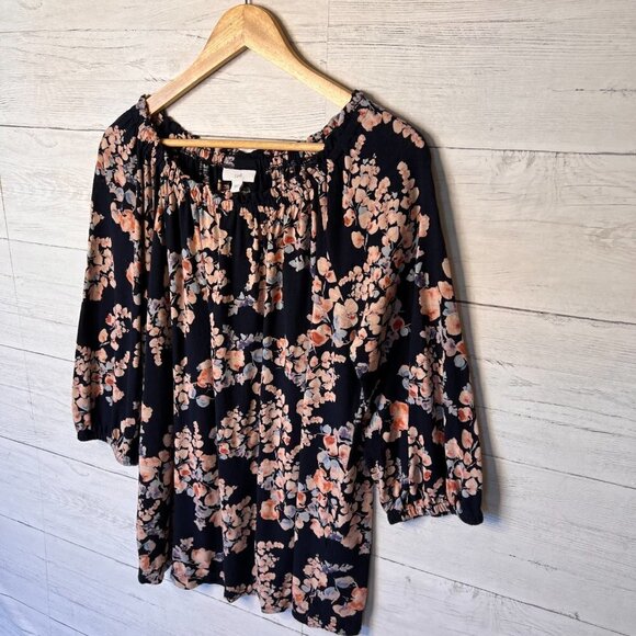 J Jill Blouse Size Large Navy Floral Print 3/4 Sleeve Ruffle Cottagecore Ditsy - Picture 4 of 14